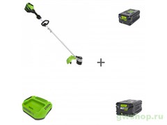 Комплект: Триммер аккумуляторный 60V GREENWORKS GD60LT + Аккумулятор G60B4 + Аккумулятор G60B2 + Зарядное устройство Greenworks 21083071
